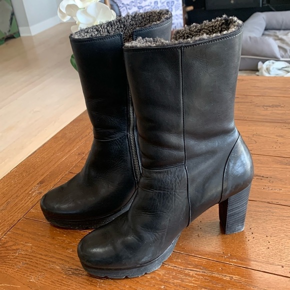 Paul Green Shoes - Paul Green Stacked Heel Black Leather Boots w/ Shearling Lining Roll Down Size 8
